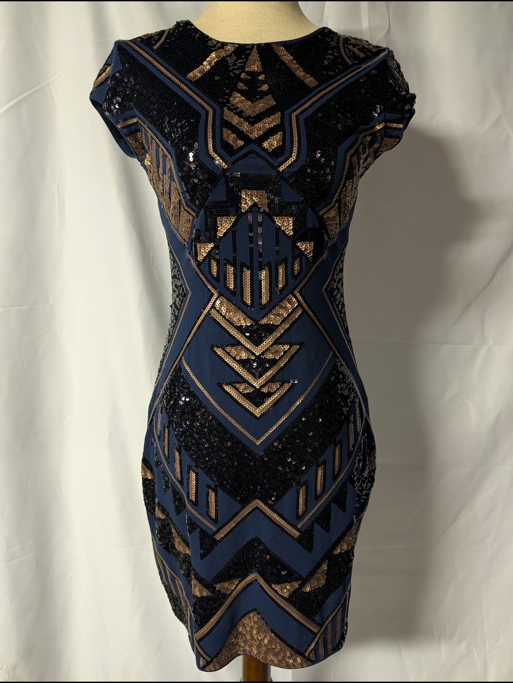 Express Navy and Gold Sequin Geo Sheath Dress